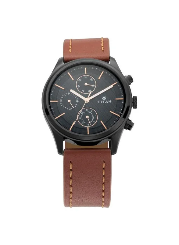Titan Workwear Quartz Multifunction Black Dial Brown Leather Strap Watch for Men - NT1805NL01